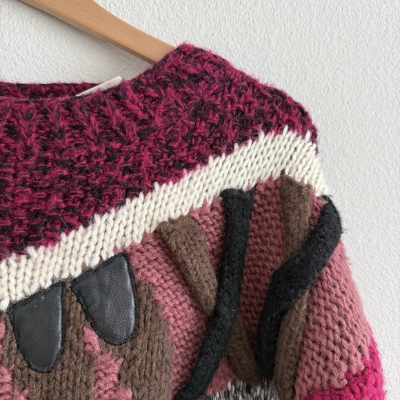 Vintage 80s Mohair Knit Sweater Pink Womens Medium Maximalism Tribal Winter - Picture 2 of 10